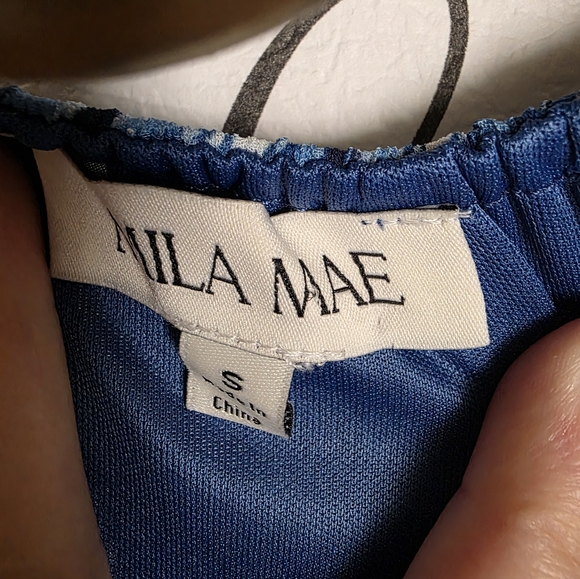 Mila Mae Blue Patterned Cold Shoulder Women's Midi Dress Size Small - Picture 7 of 8